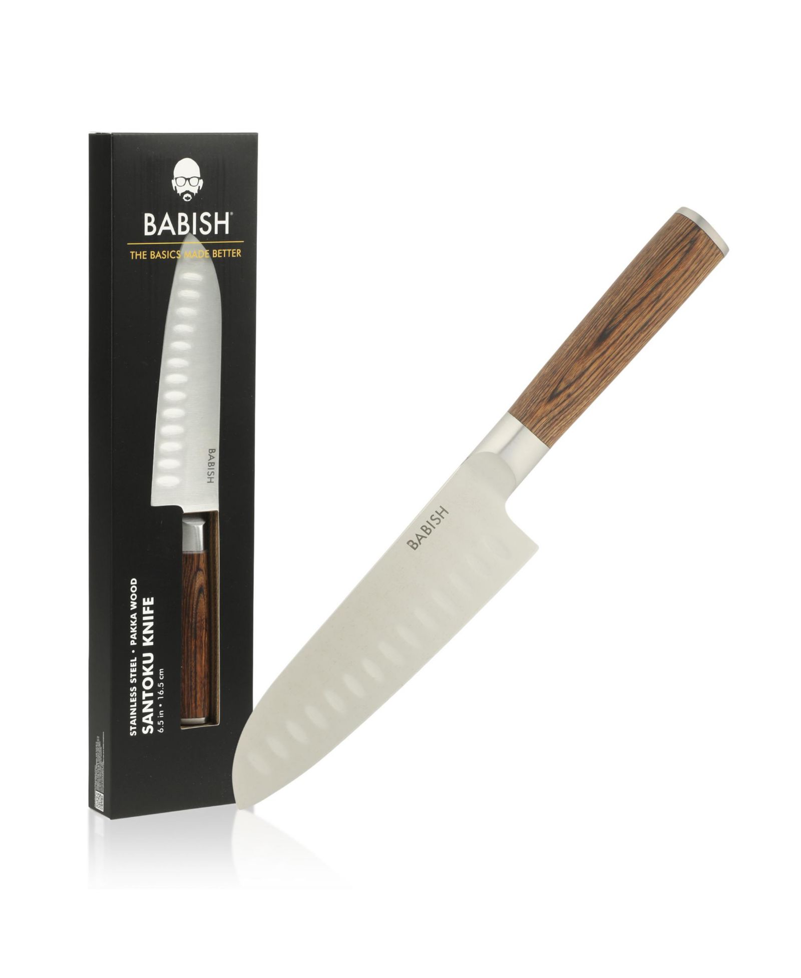 Babish 6.5-Inch Santoku Knife High-Carbon 1.4116 German Steel Full Tang Kitchen Knife with Wood Handle for Chopping, Slicing, Dicing & Precision