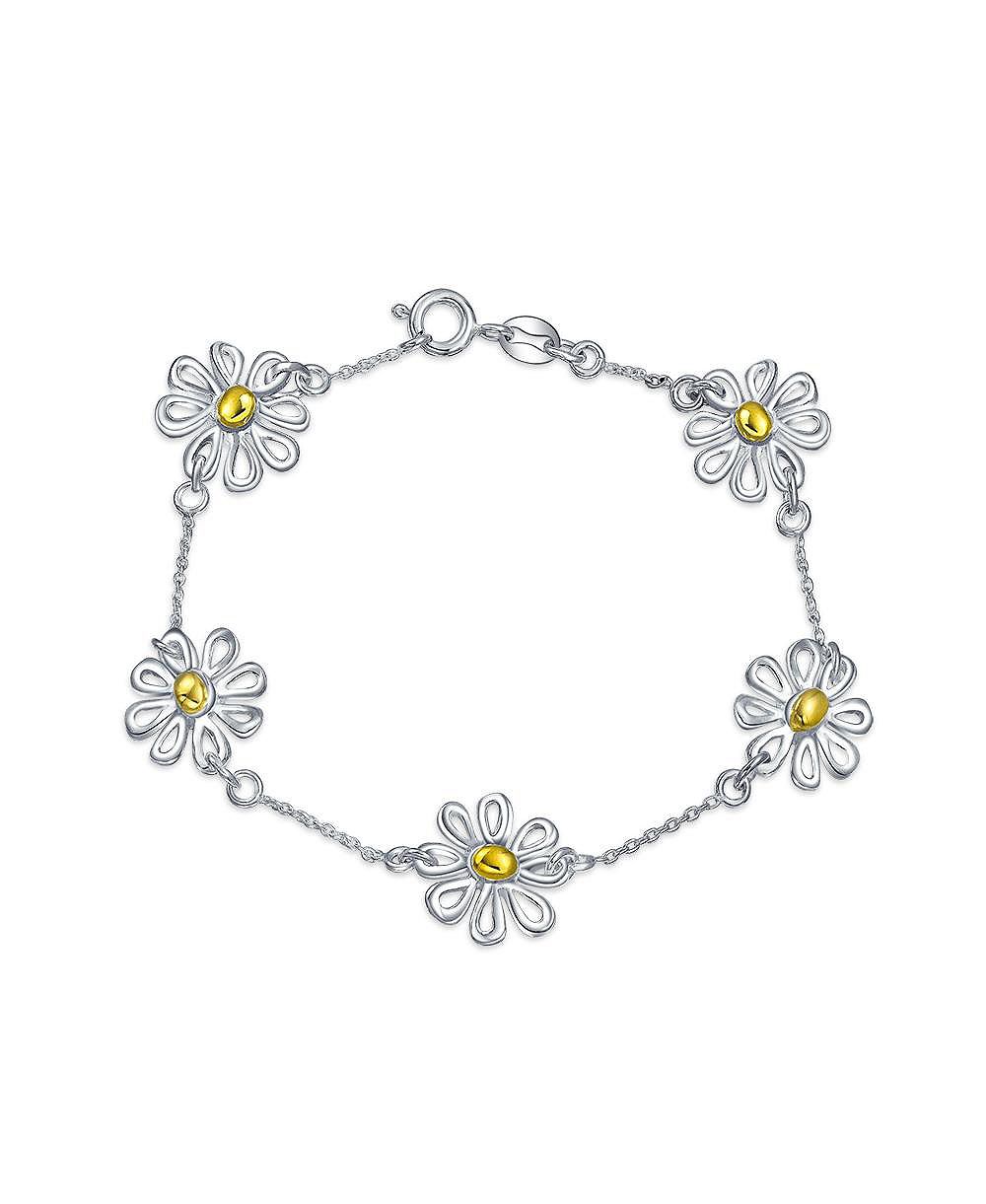 Браслет-цепочка Bling Jewelry с подвесками в виде цветов подсолнуха и ромашки, двухцветный, стерлинговое серебро .925