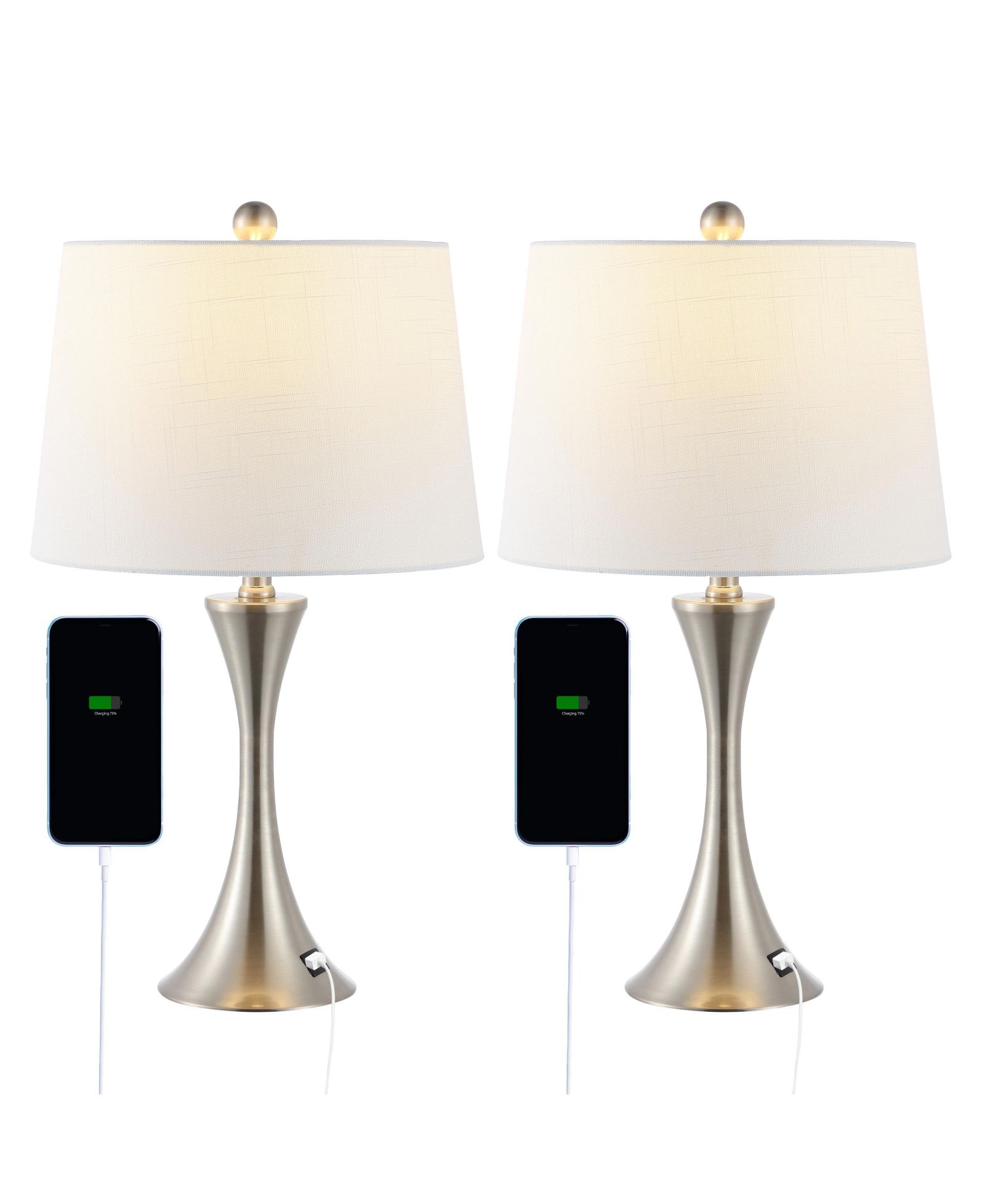 Bennett 22.75" Modern Glam Iron Hourglass LED Table Lamp with USB Charging Port, Nickel (Set of 2)