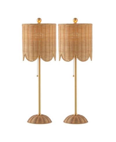 Celerie 27.5" Coastal Bohemian Rattan/Iron Scalloped Buffet LED Table Lamp with Pull Chain, Natural/Brass Gold (Set of 2)