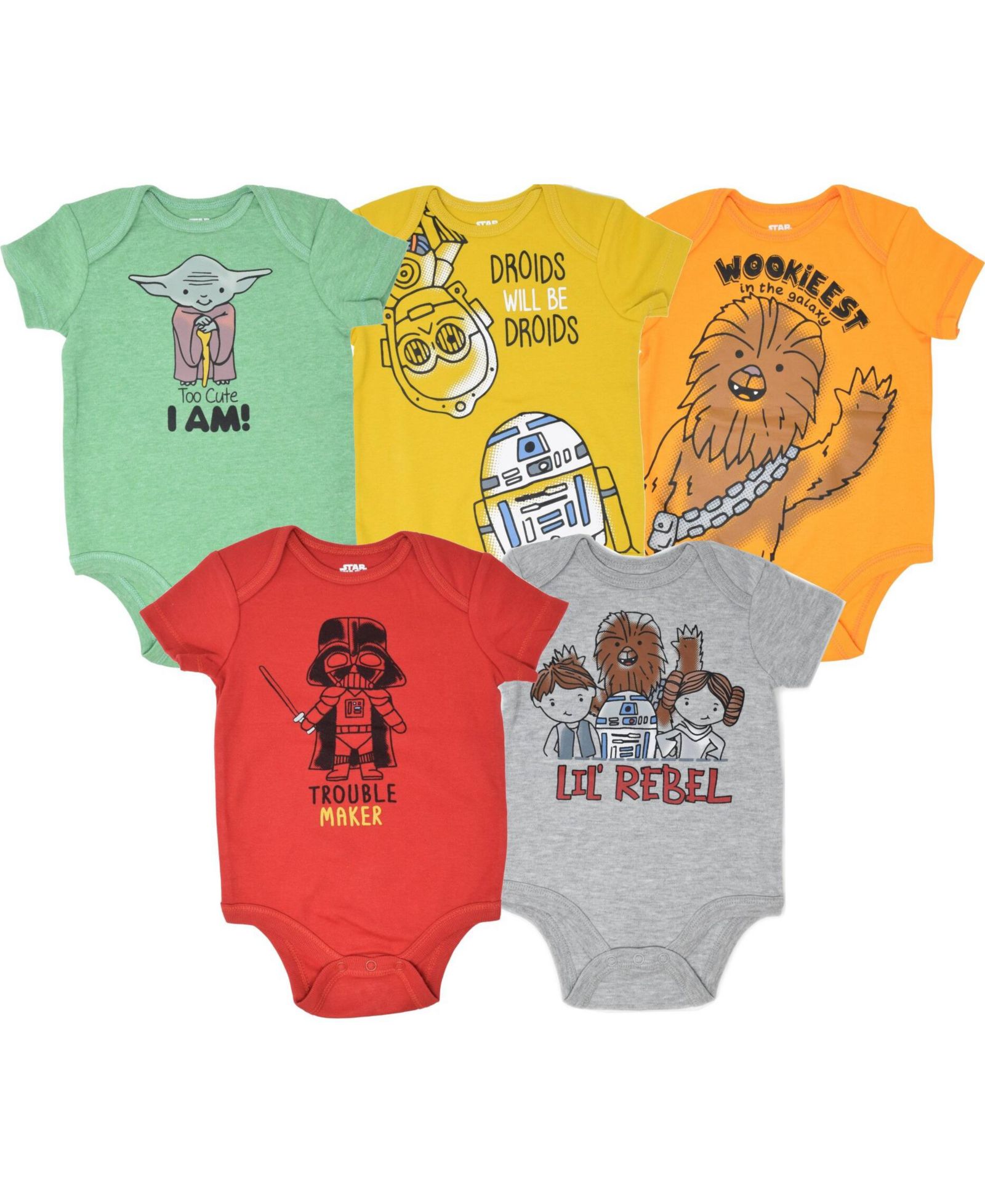 Набор боди Star Wars для новорожденных (5 шт.) с принтом Chewbacca, C-3PO, R2-D2, Darth Vader, Yoda