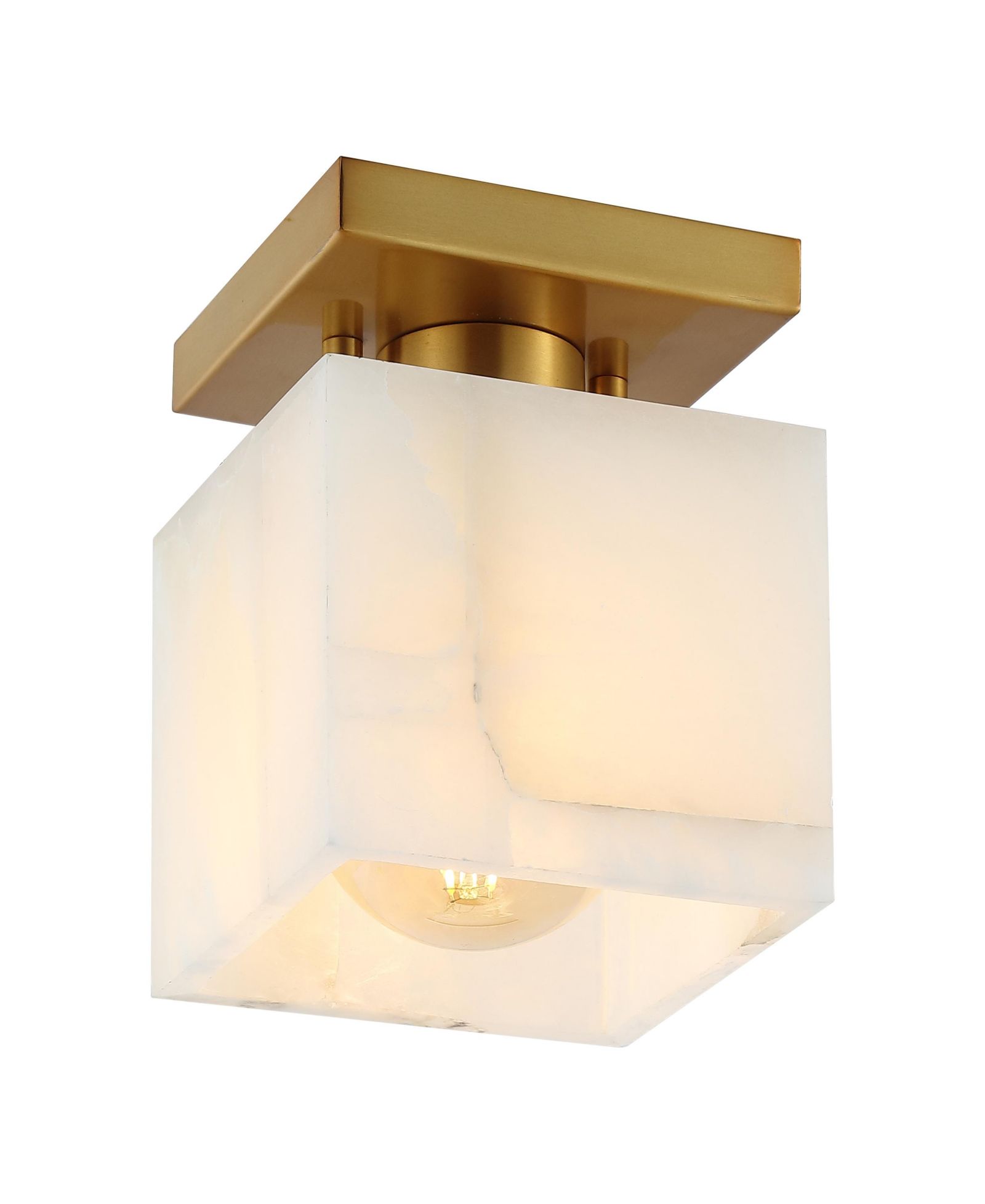 Alessia 5" 1-Light Modern Contemporary Alabaster/Iron Cube LED Semi Flush Mount, White Marbling/Brass Gold