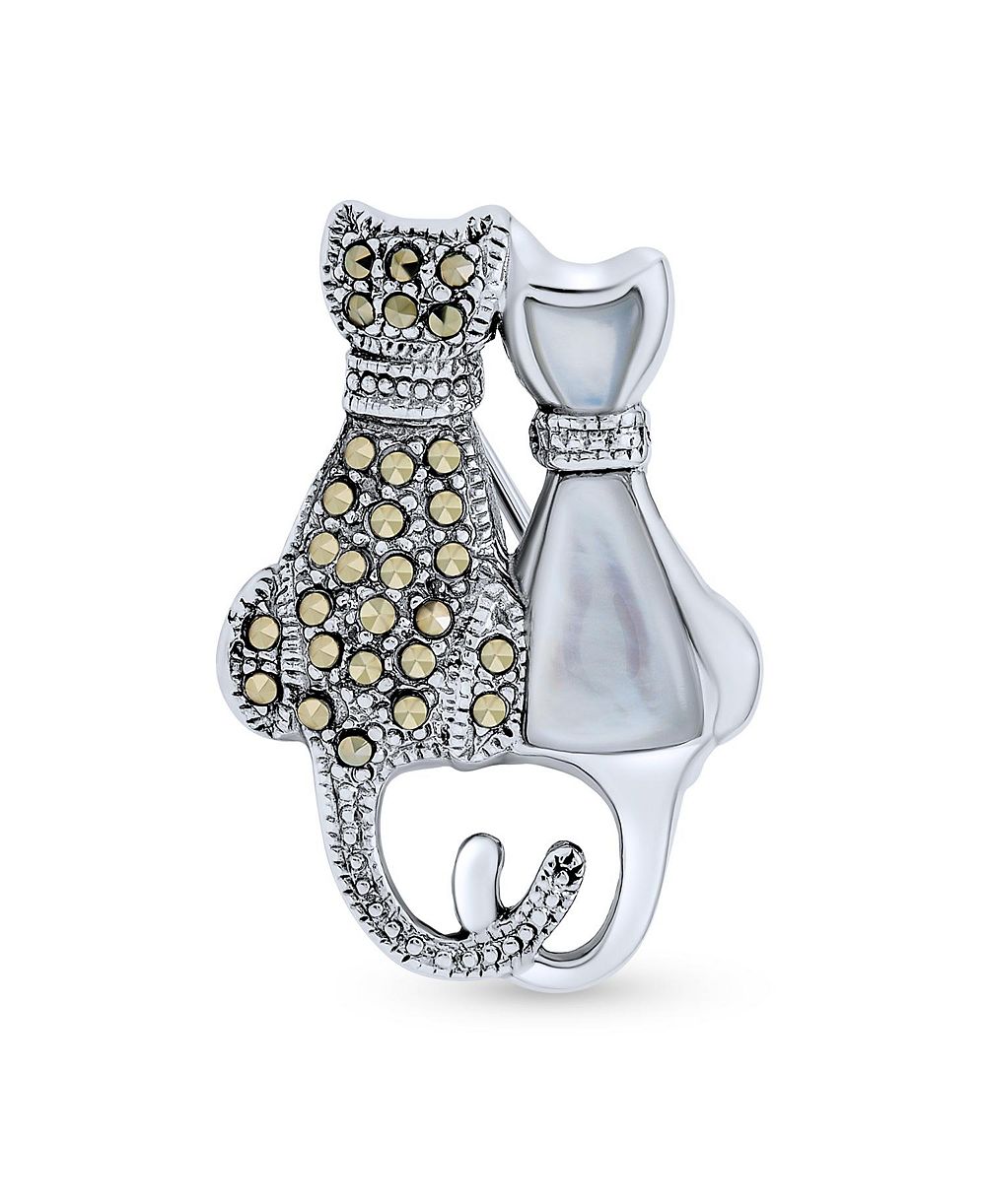 Заколка Bling Jewelry с двумя милыми котятами и кошкой, перламутр, оникс, марказит, серебро 925 пробы