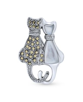 Bling Jewelry Two Cute Kitten and Cat Brooch Pin MOP and Onyx Marcasite .925 Sterling Silver
