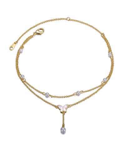 Rachel Glauber 14K Gold Plated Pearl Double Chain Butterfly Summer Anklet