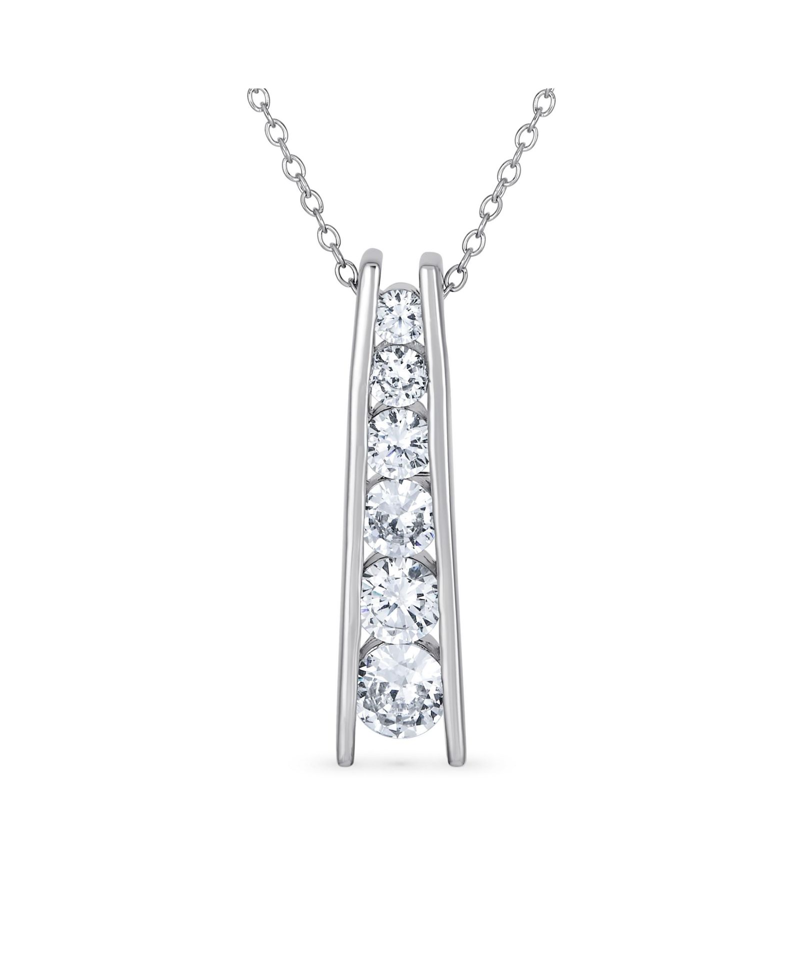 Bling Jewelry Solitaire CZ Round Graduated Bar Pendant Necklace .925 Sterling Silver