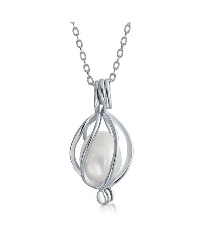 Bling Jewelry White Cultured Pearl Bird Caged Pendant Necklace .925 Sterling Silver