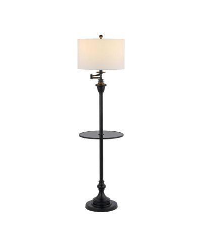 Cora 60" Modern Metal LED Floor Lamp with Integrated Wood Side Table and Swing Arm, Chrome/Brown Wood