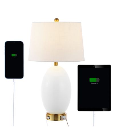 Reese 26.5" 1-Outlet Contemporary Style Iron/Glass LED Table Lamp with USB Charging Port, White/Brass Gold