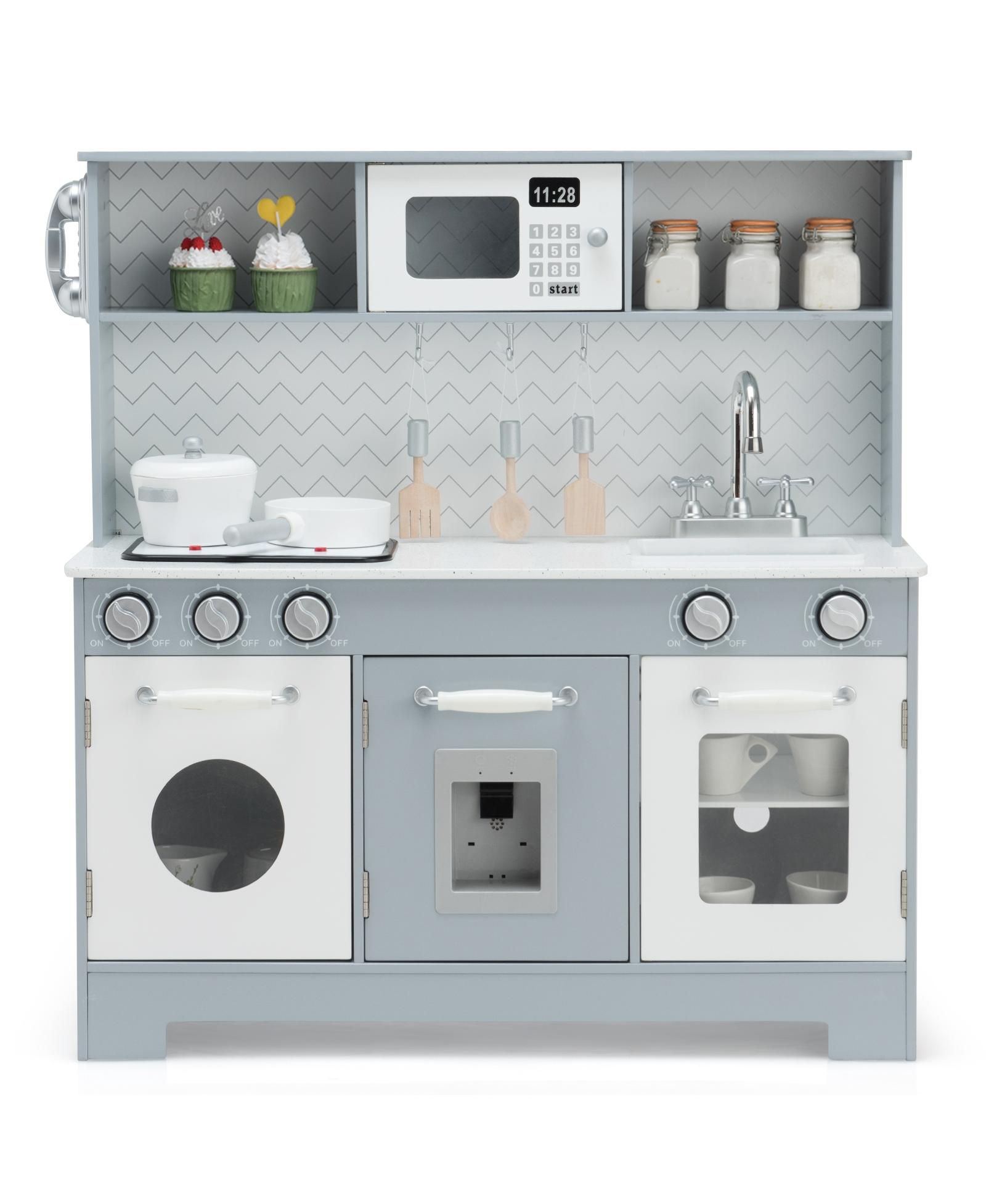 Детский Pretend Play Kitchen Wooden Toy Set с реалистичным светом, звуком, микроволновкой, духовкой и телефоном