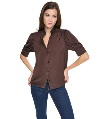 DKNY Jeans Petite Satin Puff-Sleeve Button-Front Shirt