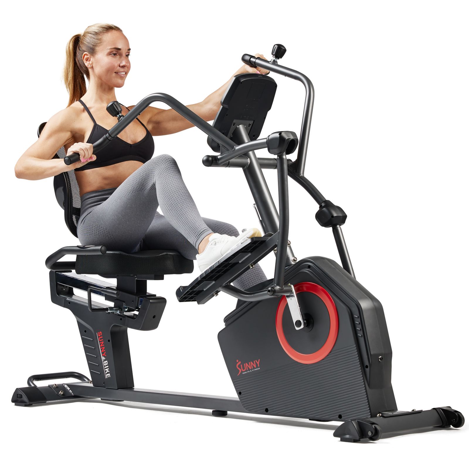 Sunny Health & Fitness Electromagnetic Recumbent Cross Trainer Exercise Elliptical Bike with Arm Exercisers, Exclusive SunnyFit App