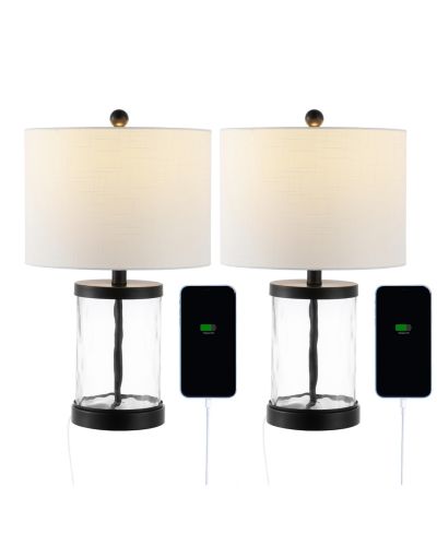 Alexander 21" Modern Designer Iron/Water Glass LED Table Lamp with USB Charging Port, Black/Clear (Set of 2)