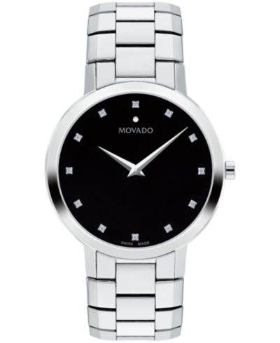 Часы Movado Men's Faceto Swiss Quartz Stainless Steel Diamond Accent 39mm
