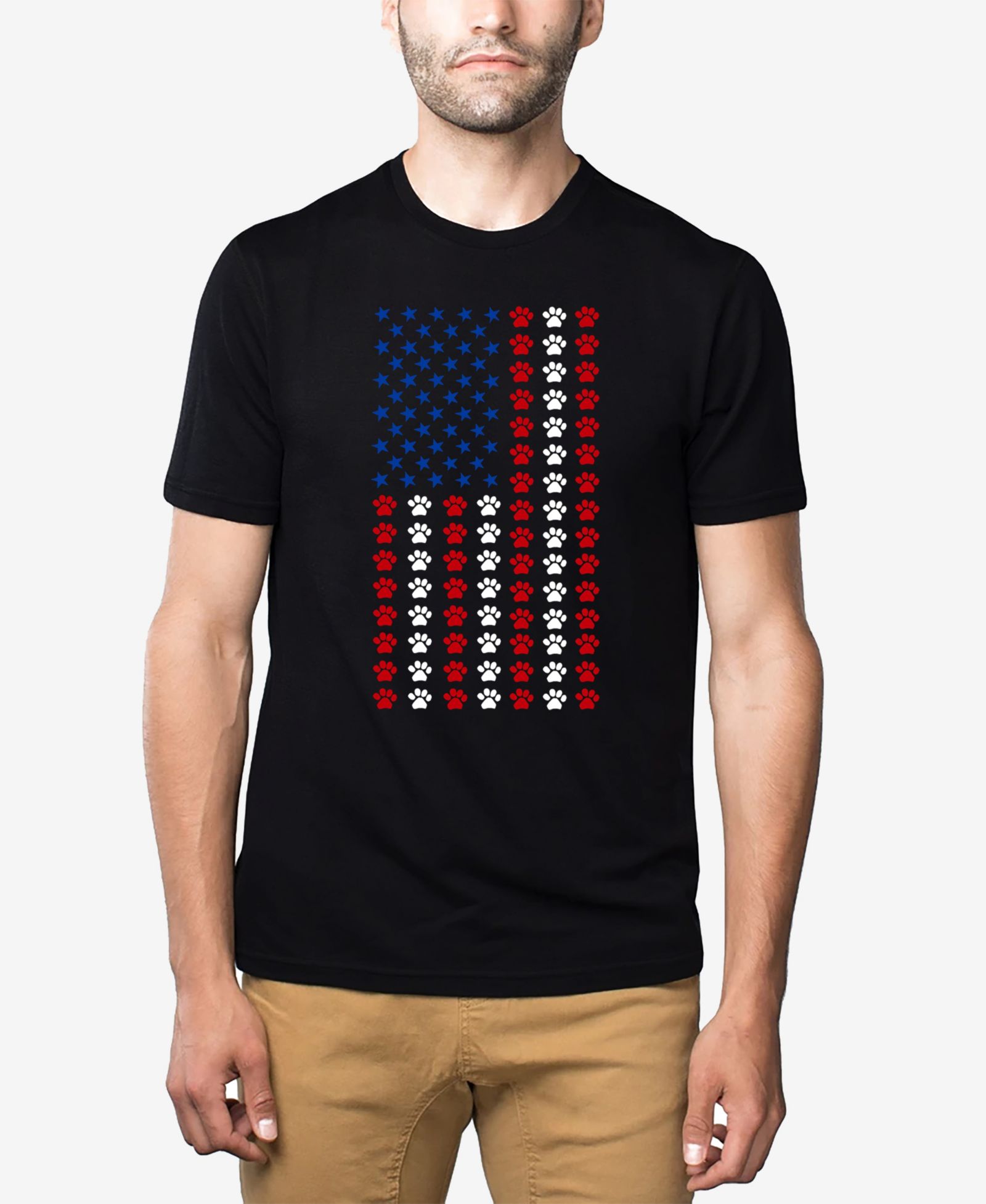 LA Pop Art Men's Cotton/Poly Blend Word Art T-Shirt - Paw American Flag