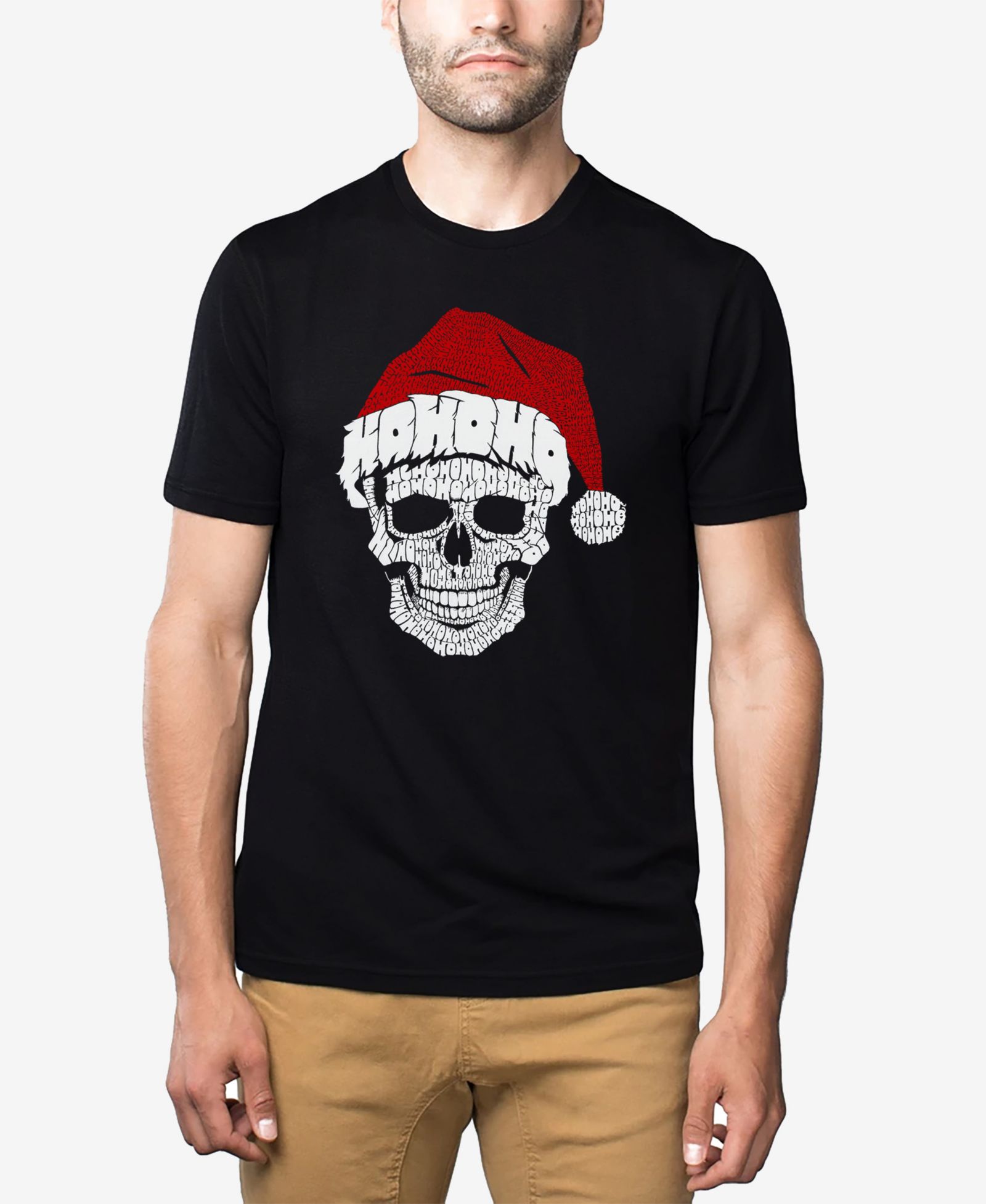 LA Pop Art Men's Cotton/Poly Blend Word Art T-Shirt - Santa Skull