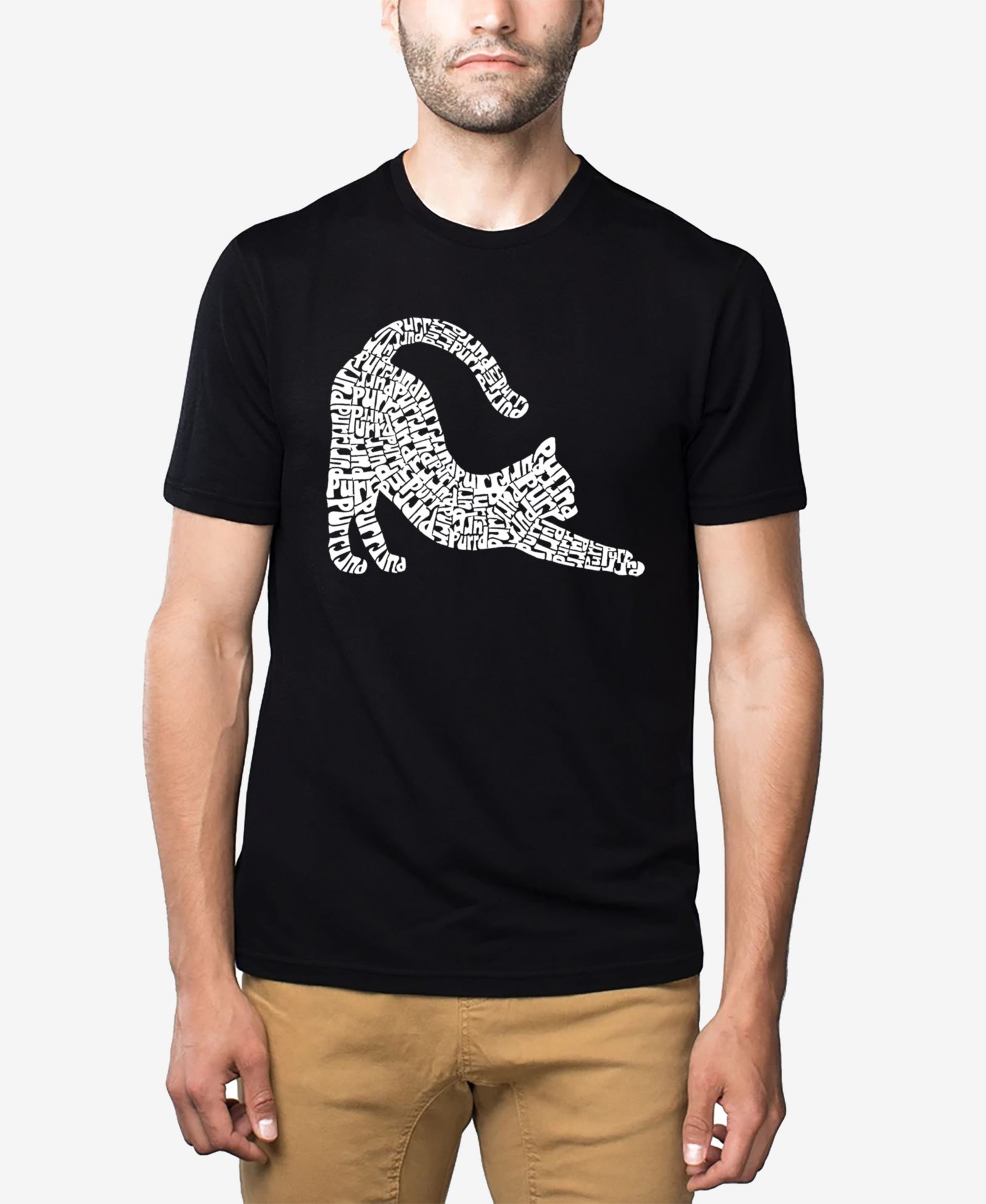 LA Pop Art Men's Cotton/Poly Blend Word Art T-Shirt - Stretching Cat