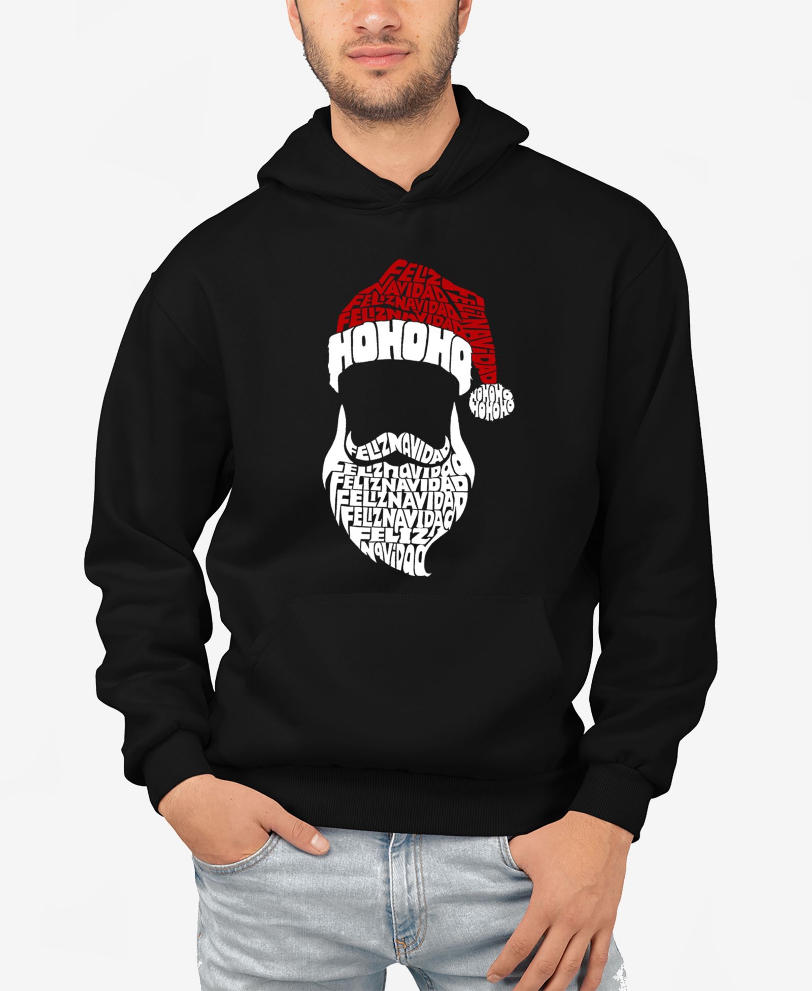 LA Pop Art Men's Feliz Navidad Santa Claus Word Art Hooded Sweatshirt