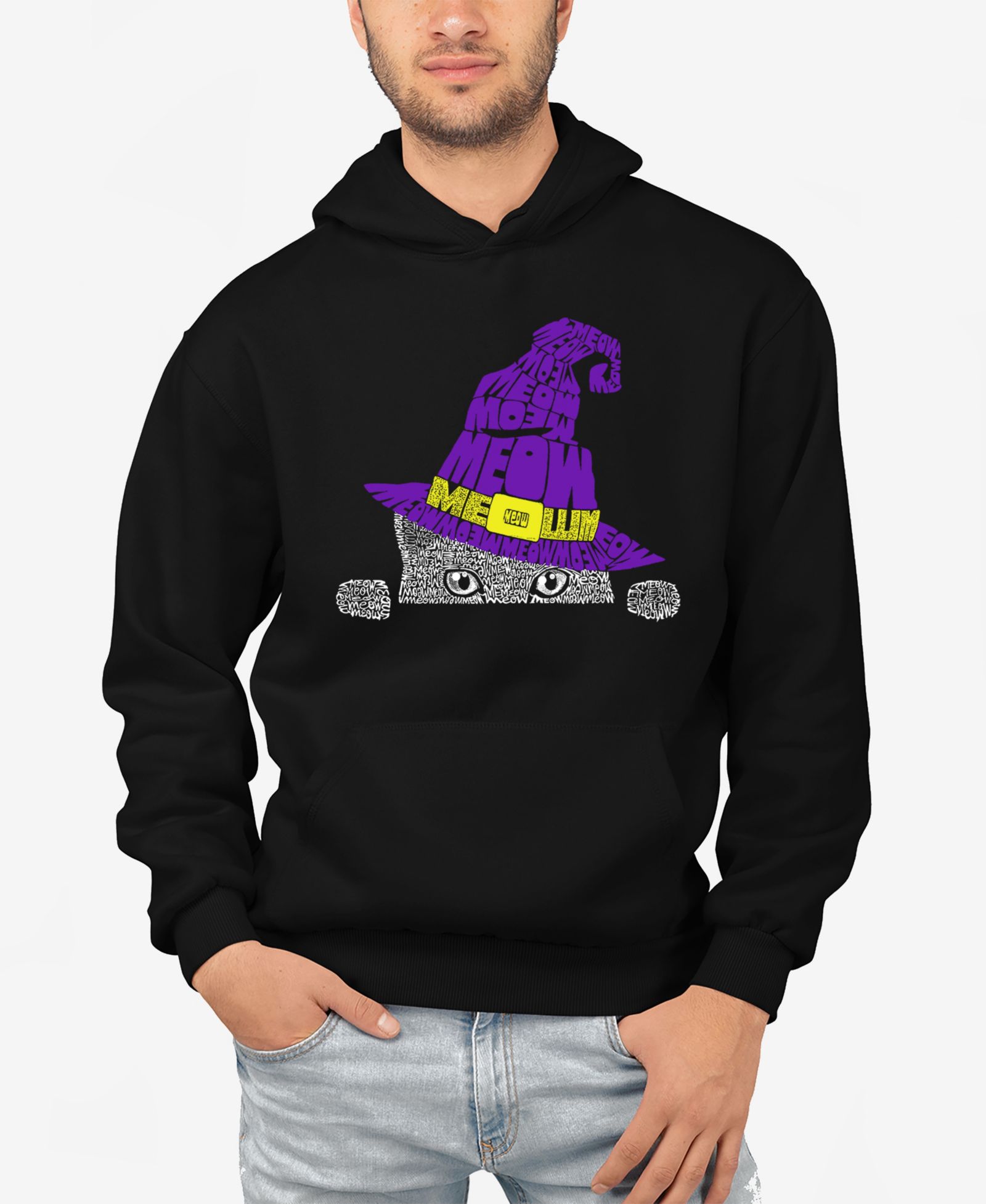 LA Pop Art Men's Peeking Witch Cat Word Art Hooded Sweatshirt