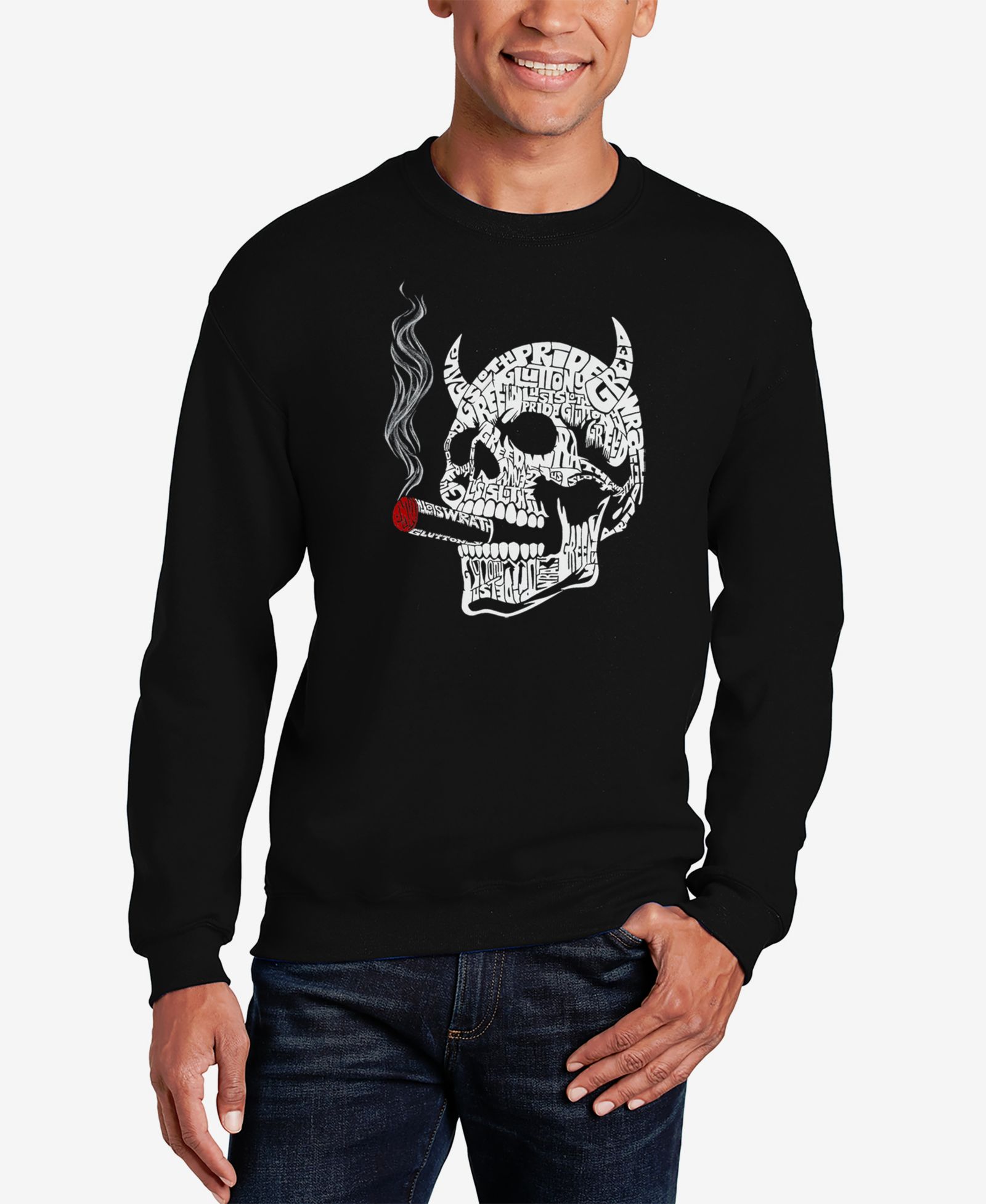 LA Pop Art Men's 7 Deadly Sins Skull Word Art Crewneck Sweatshirt