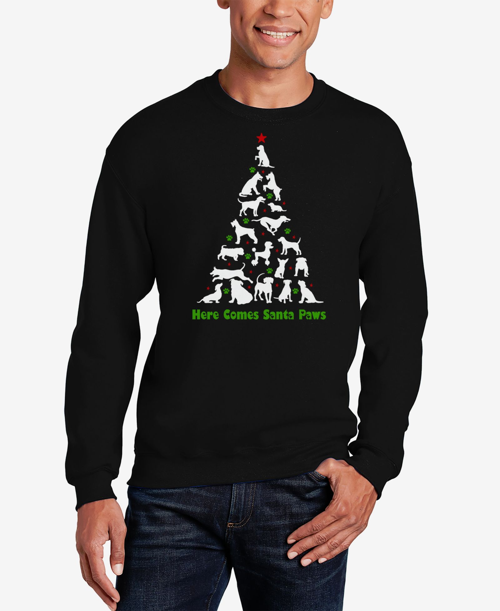 LA Pop Art Men's Here Comes Santa Paws Word Art Crewneck Sweatshirt
