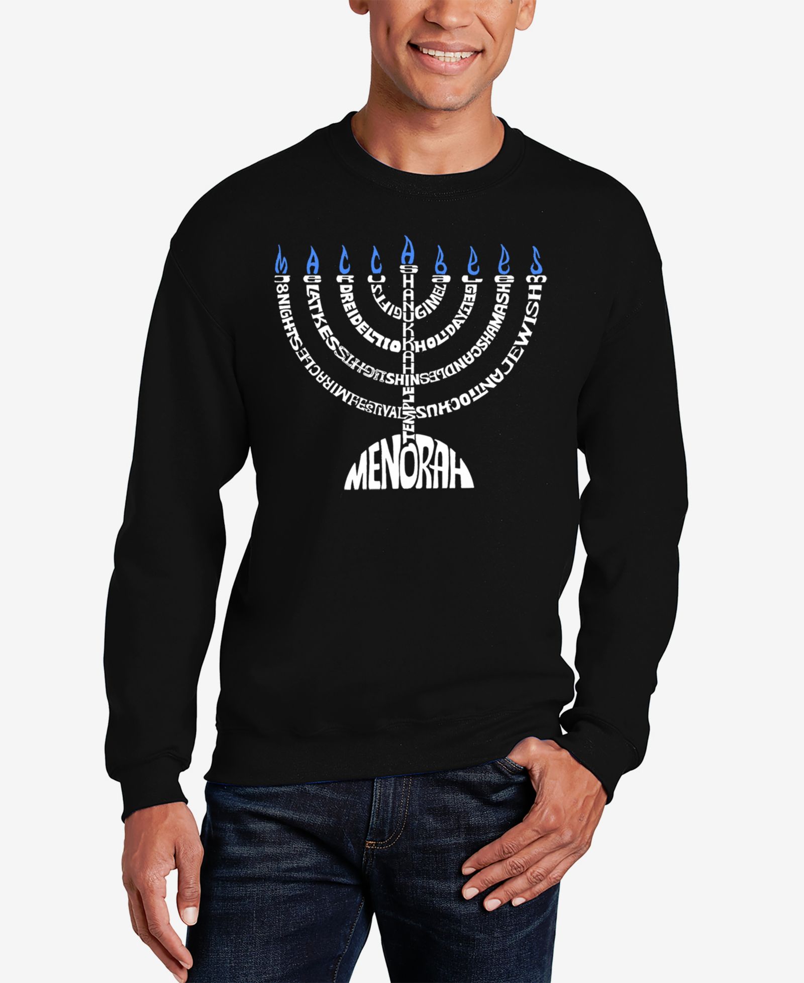 LA Pop Art Men's Menorah Word Art Crewneck Sweatshirt