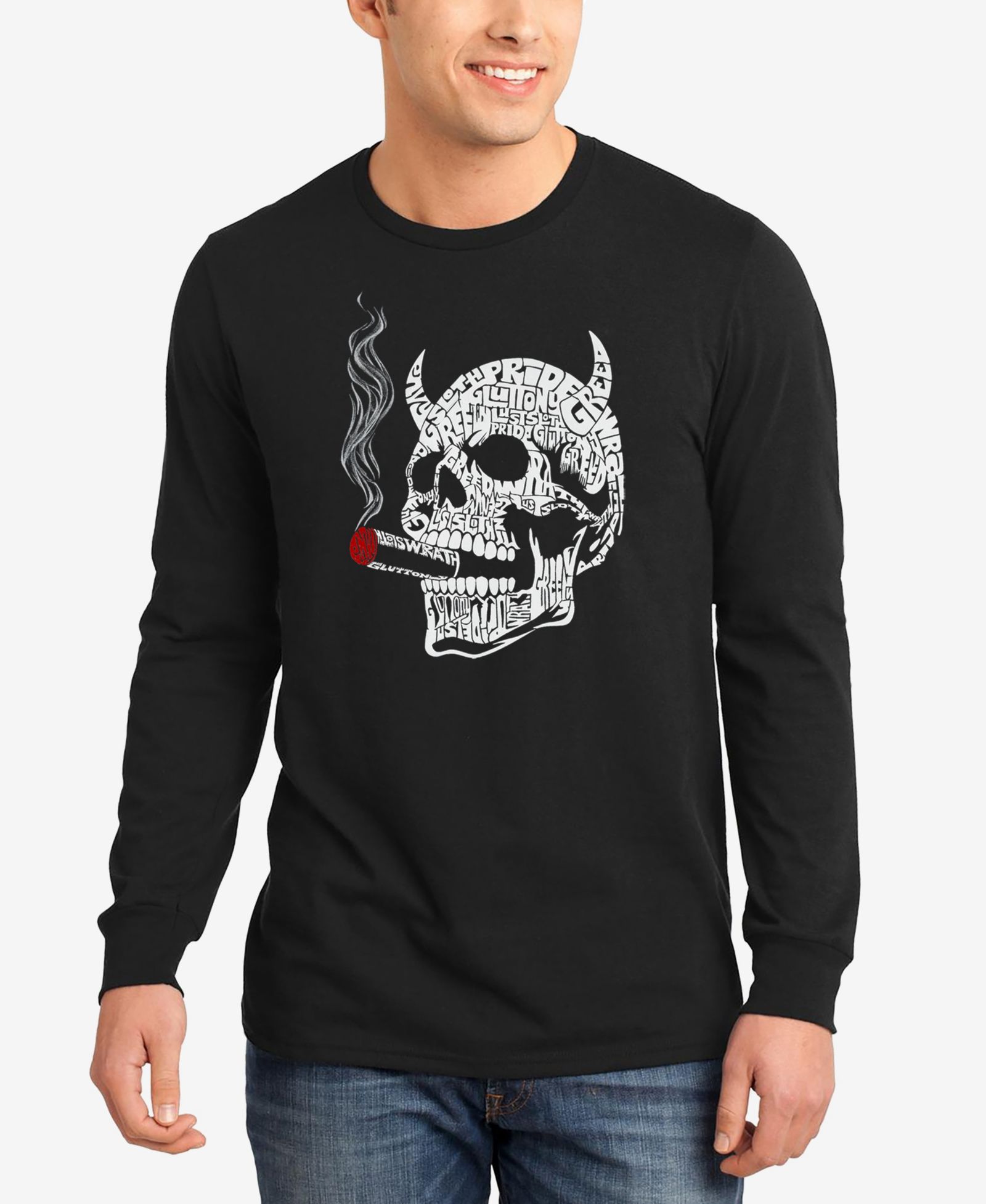 LA Pop Art Men's 7 Deadly Sins Skull Word Art Long Sleeve T-Shirt