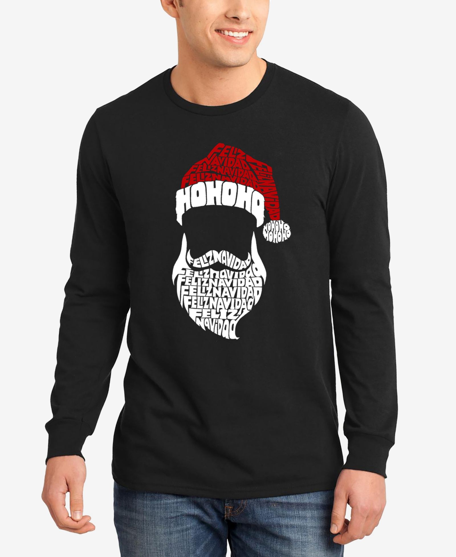 LA Pop Art Men's Feliz Navidad Santa Claus Word Art Long Sleeve T-Shirt