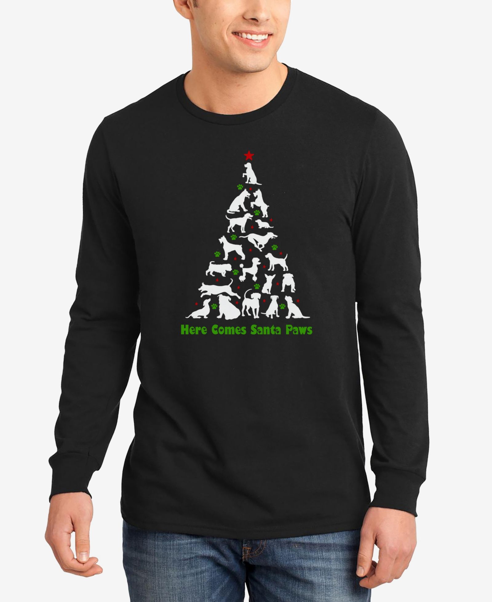 LA Pop Art Men's Here Comes Santa Paws Word Art Long Sleeve T-Shirt