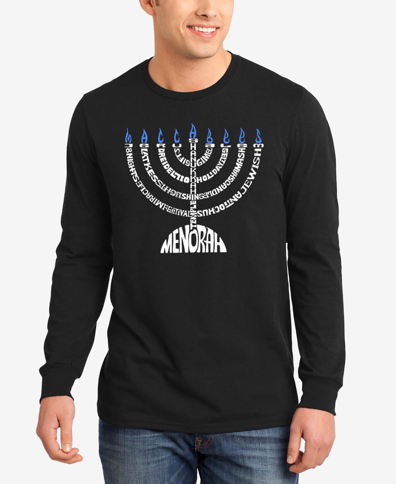 LA Pop Art Men's Menorah Word Art Long Sleeve T-Shirt
