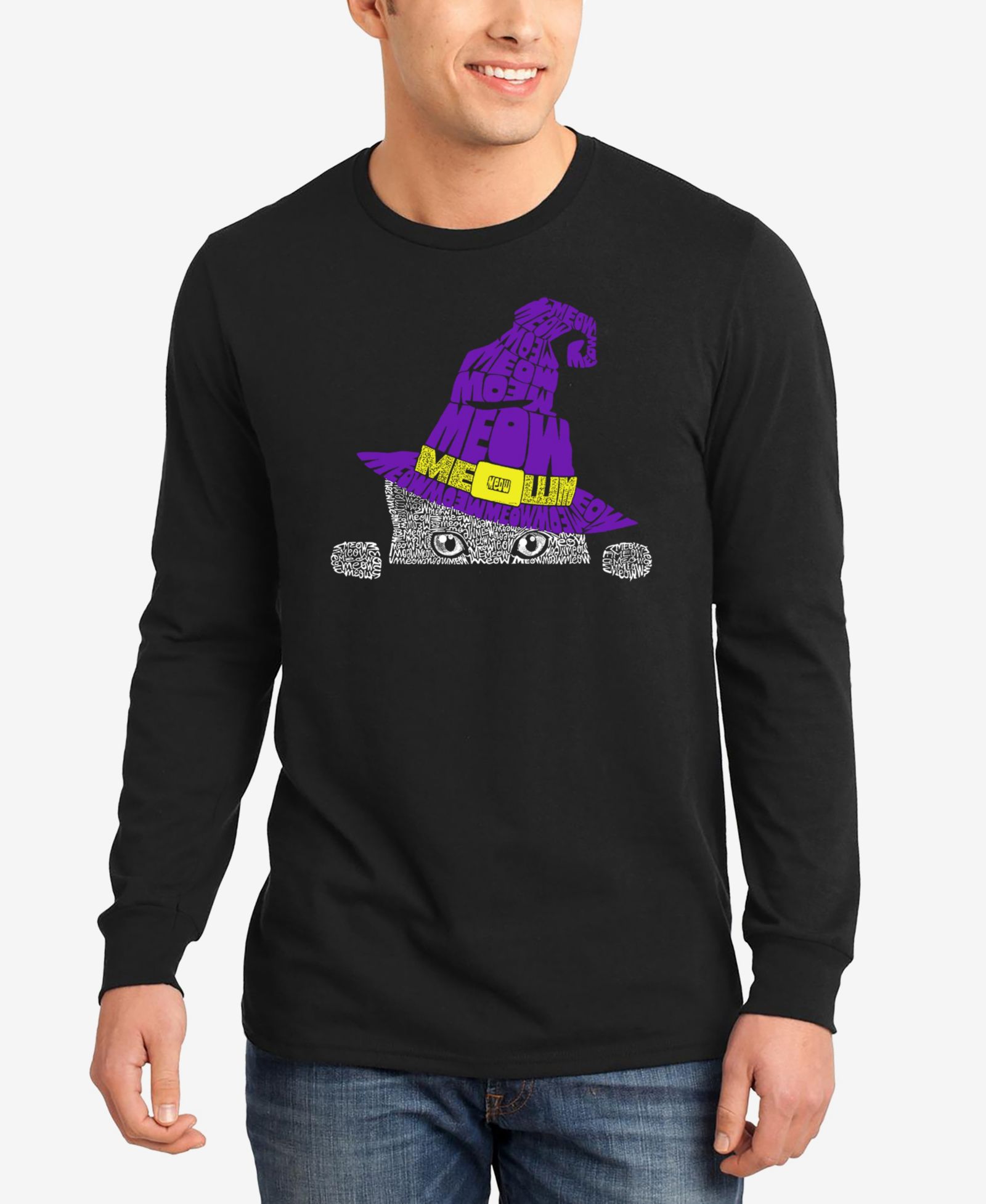 LA Pop Art Men's Peeking Witch Cat Word Art Long Sleeve T-Shirt