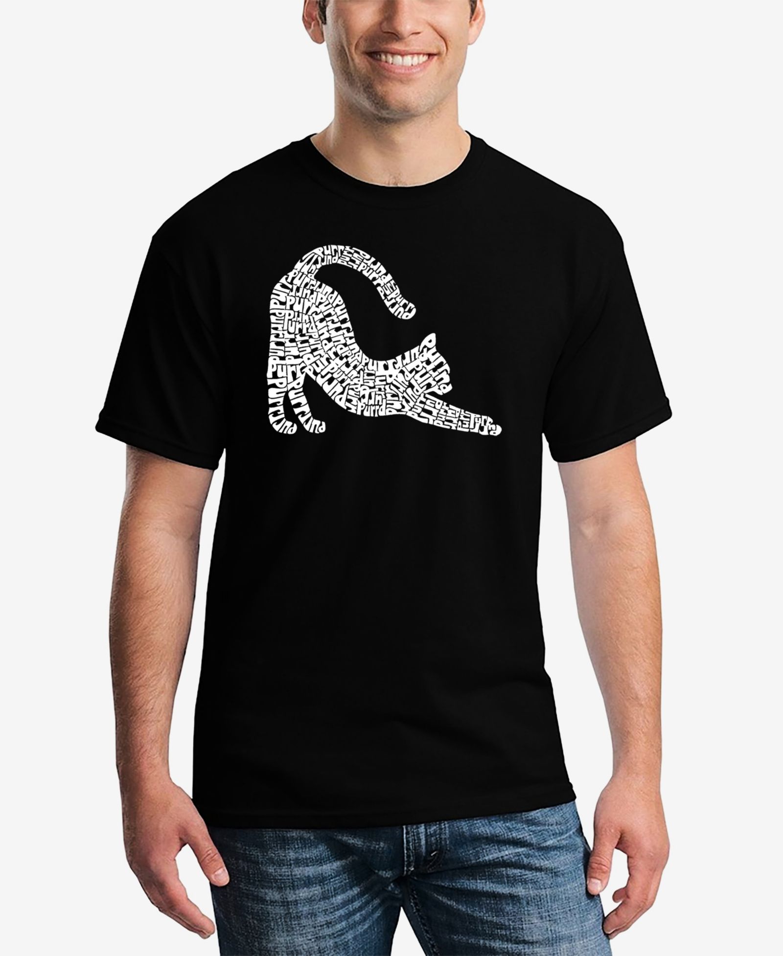 LA Pop Art Men's Stretching Cat Word Art T-Shirt