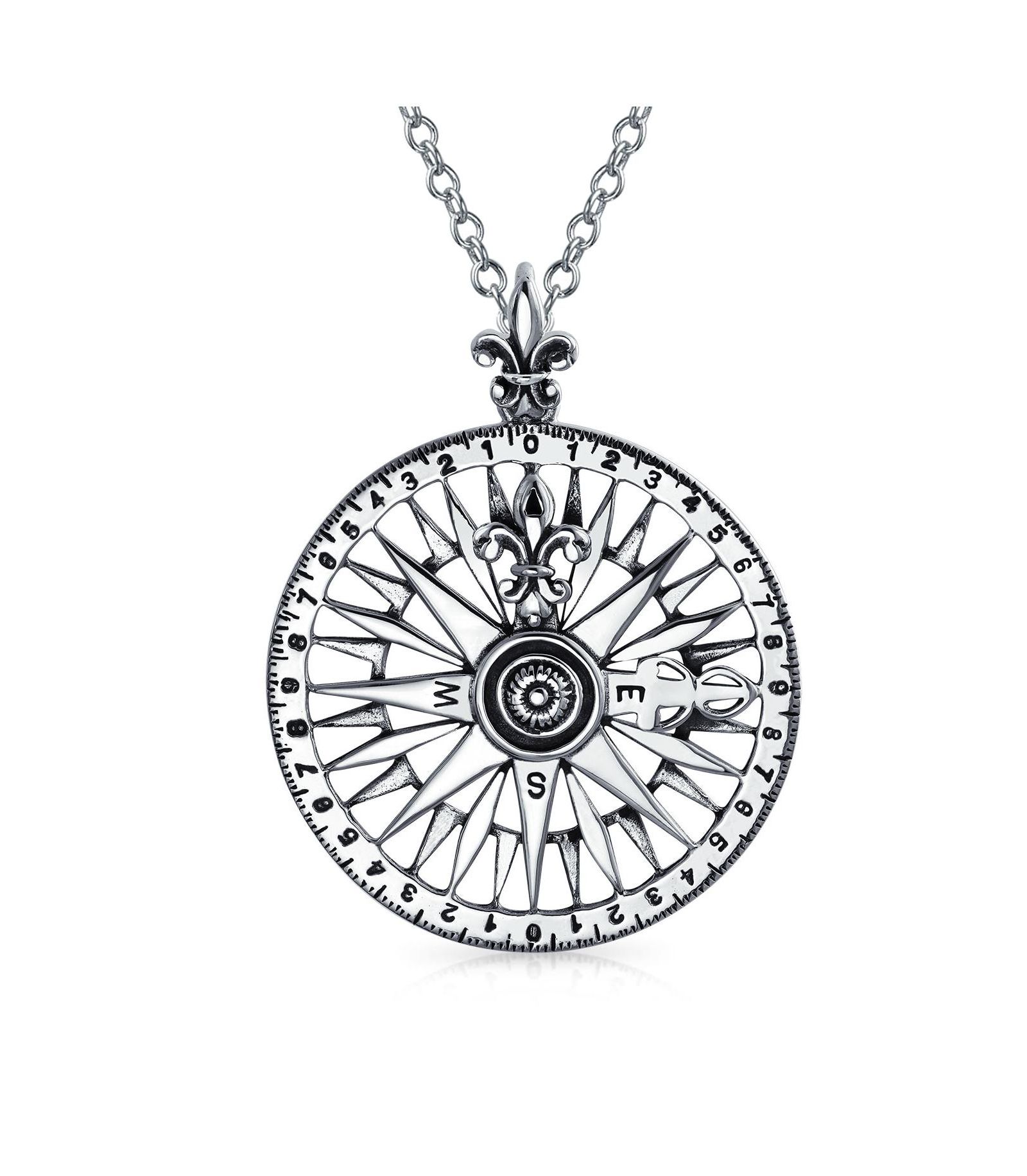 Подвеска Bling Jewelry Round Medallion Large Celtic Fleur De Lis Nautical Rose Compass Oxidized Sterling Silver