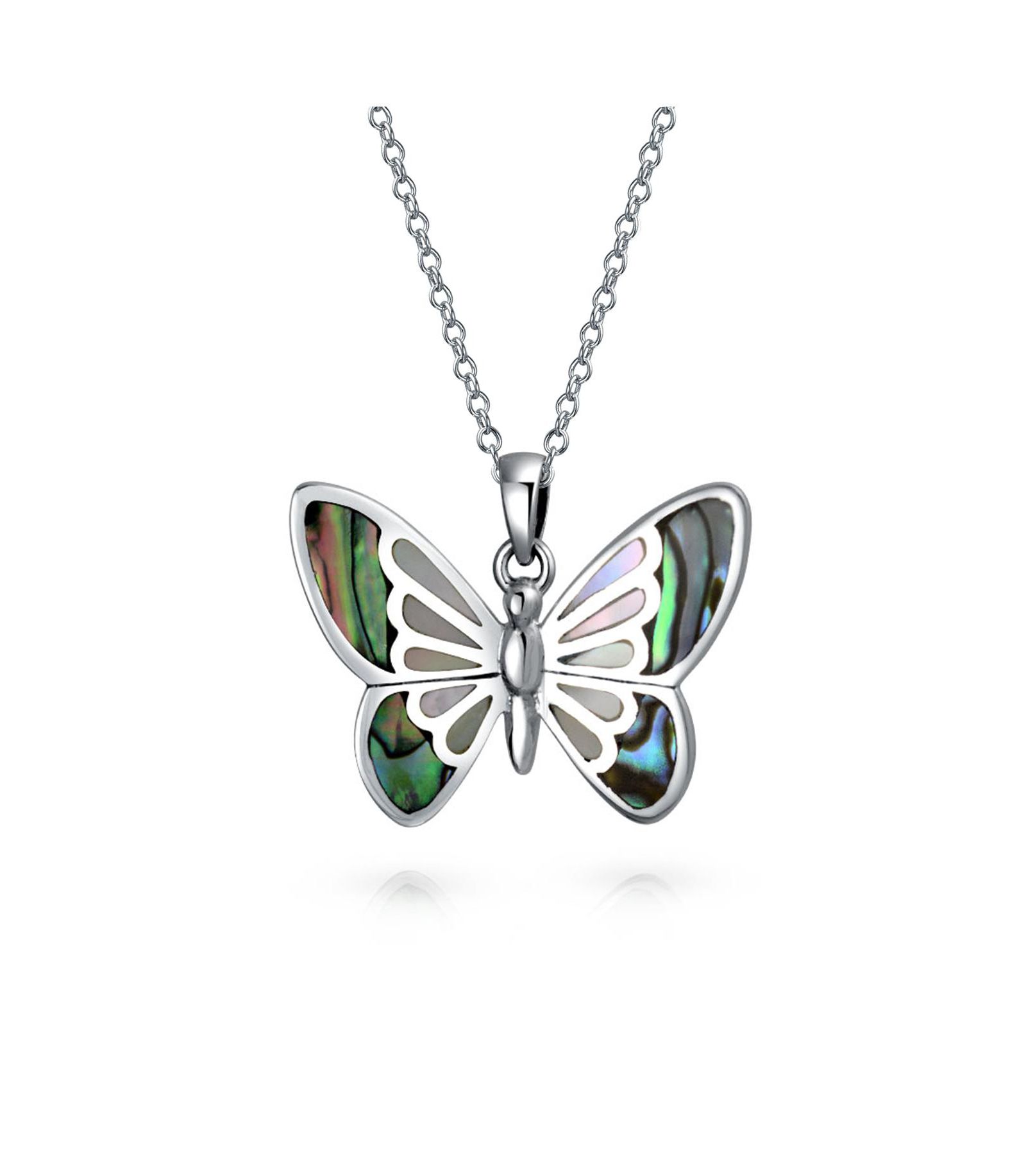 Bling Jewelry Iridescent Rainbow Abalone Shell Butterfly Pendant Necklace Sterling Silver