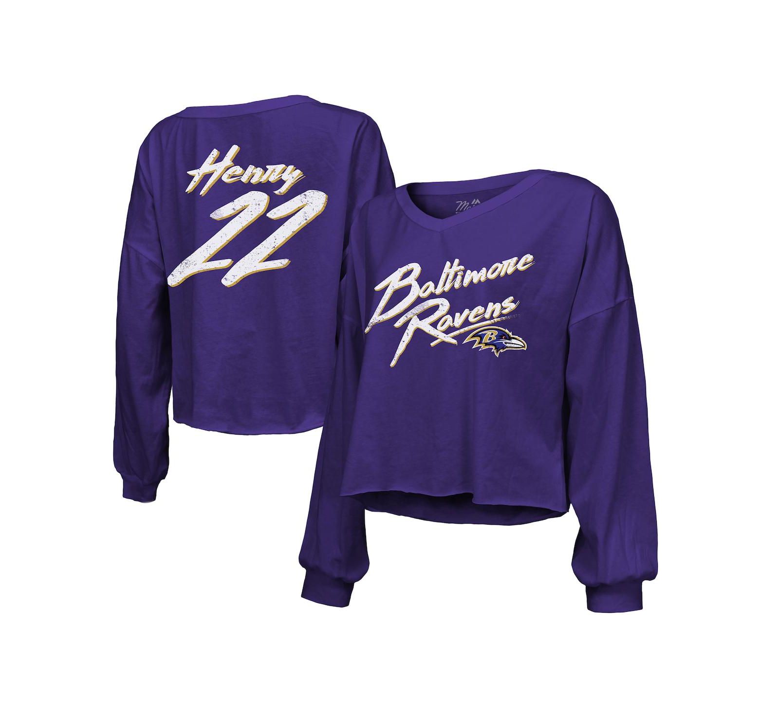 Majestic Women's Derrick Henry Purple Baltimore Ravens Name & Number Off-Shoulder Script Cropped Long Sleeve V-Neck T-Shirt