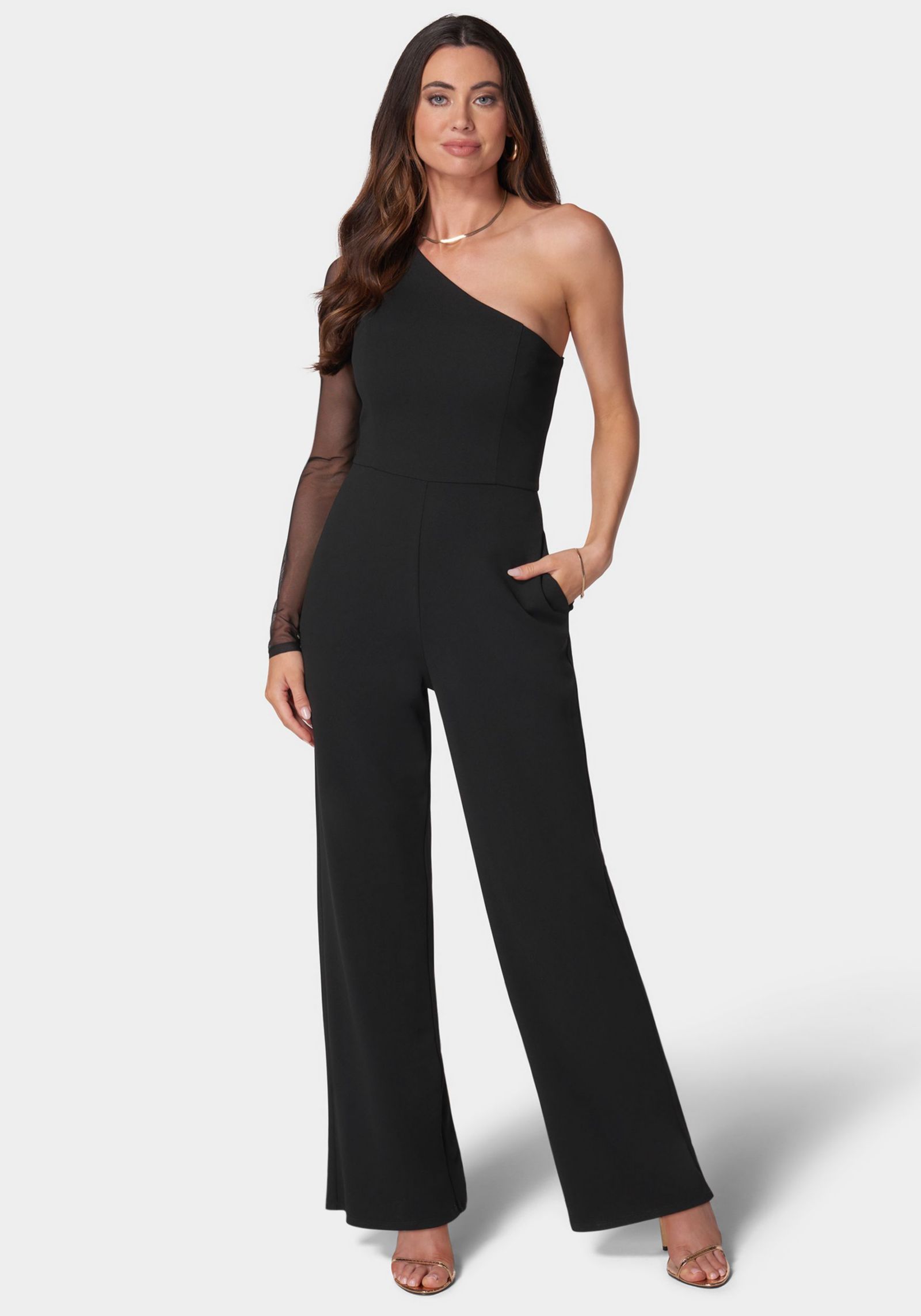 Bebe Women's Long Sleeve Mesh One Shoulder Jumpsuit