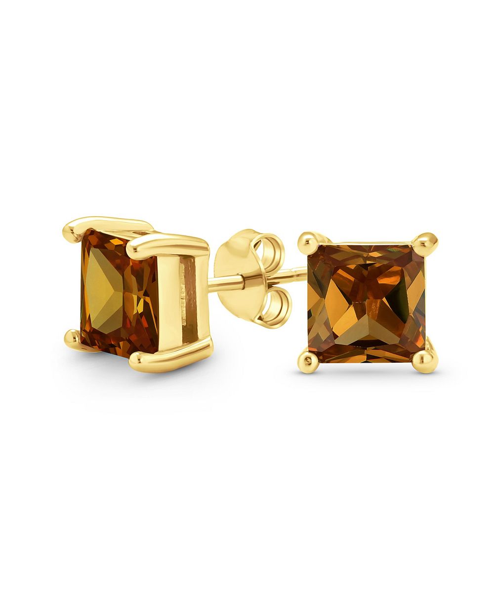 Bling Jewelry Квадратные серьги-гвоздики Cubic Zirconia CZ, 14K Gold Sterling Silver