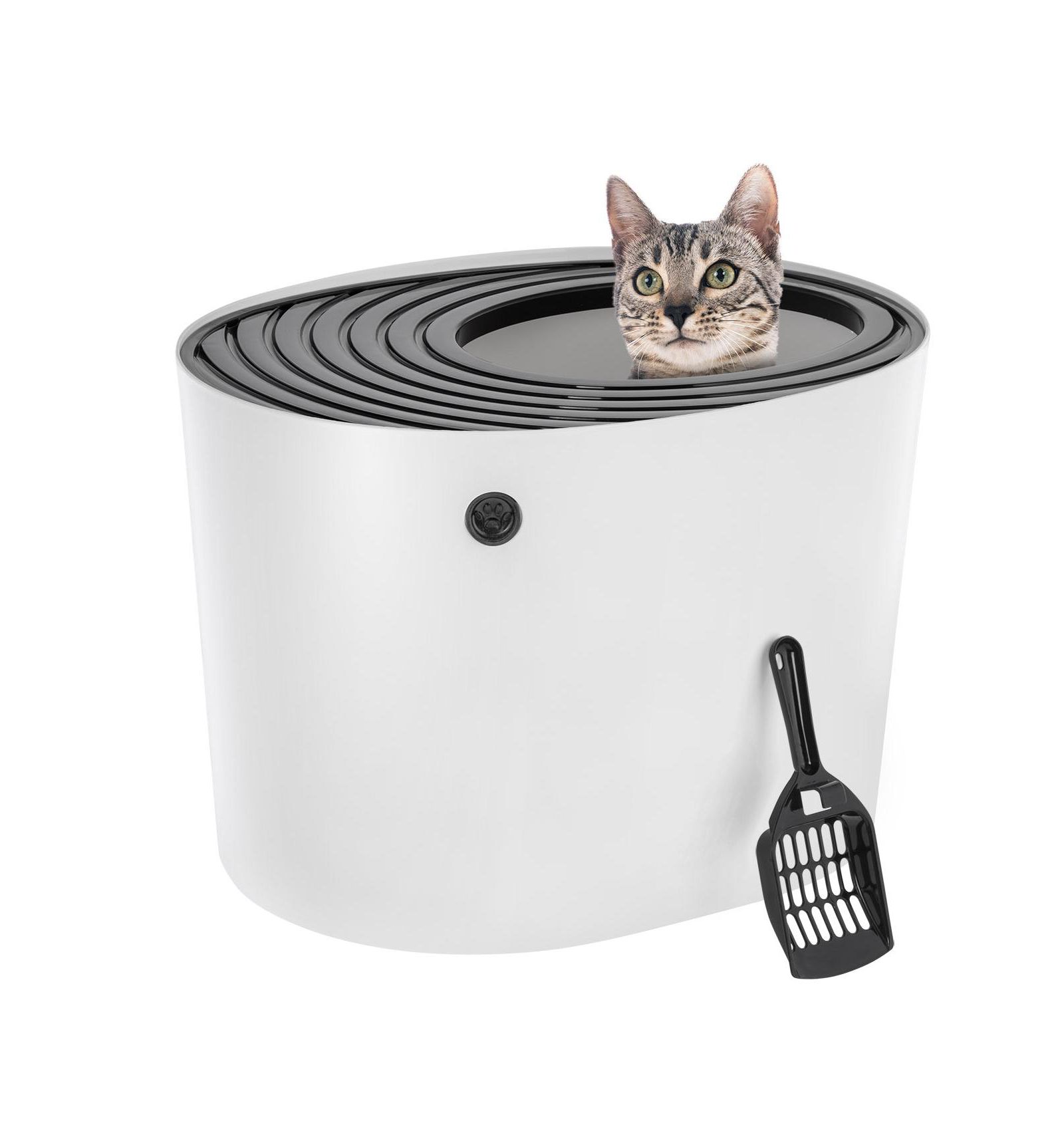 IRIS USA Top Entry Cat Litter Box with Scoop | Stylish Round Enclosed Design, White/Black
