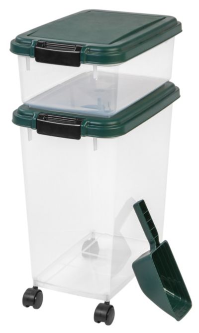 IRIS 30 Lbs and 11 Lbs Combo Airtight Dog Food Storage Container, Stackable Treat Box, 2-Cup Scoop, Casters, Green