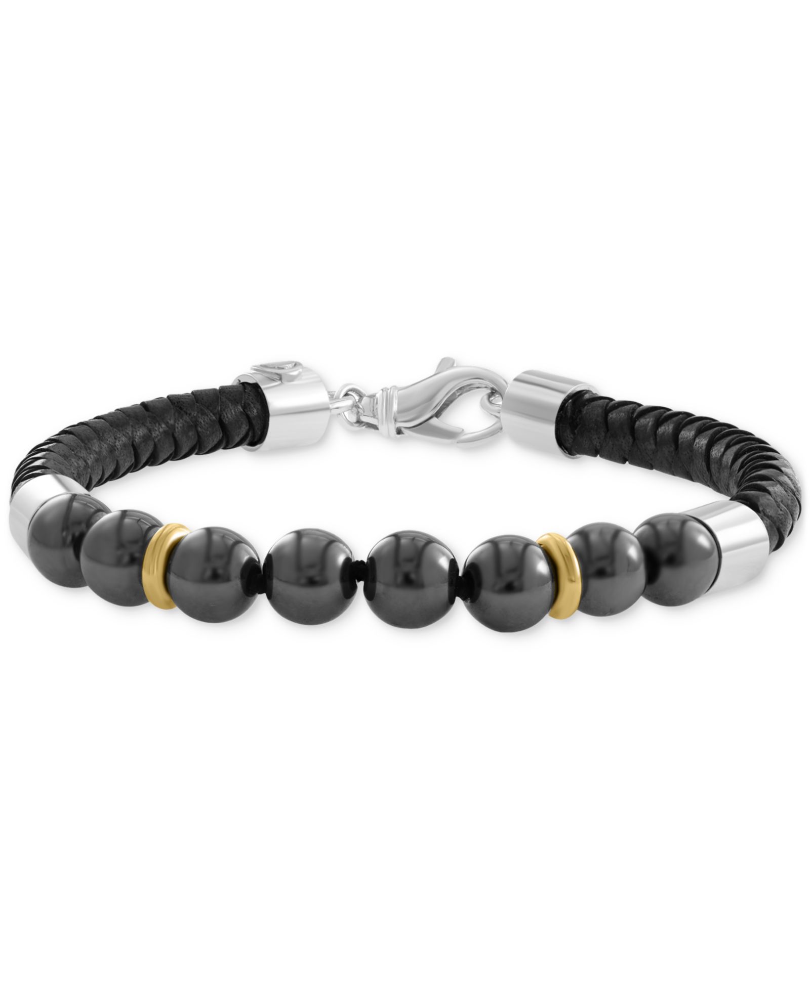 EFFY® Men's Hematite Bead Woven Leather Bracelet in Sterling Silver & 18k Gold-Plate