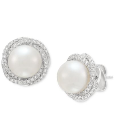Grown With Love Cultured Freshwater Pearl (6mm) & Lab Grown Diamond (3/4 ct. t.w.) Love Knot Stud Earrings in 14k White Gold