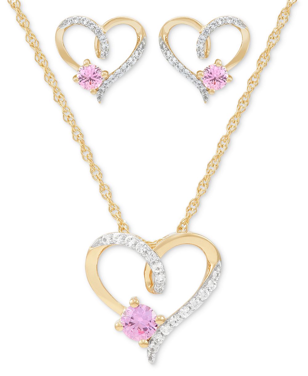 2-Pc. Set Lab Created Pink Sapphire (3/4 ct. t.w.) & Lab Created White Sapphire (1/3 ct. t.w.) Heart Pendant Necklace & Matching Stud Earrings in 14k Gold-Plated Sterling Silver