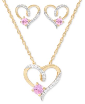2-Pc. Set Lab Created Pink Sapphire (3/4 ct. t.w.) & Lab Created White Sapphire (1/3 ct. t.w.) Heart Pendant Necklace & Matching Stud Earrings in 14k Gold-Plated Sterling Silver