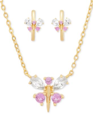 2-Pc. Set Lab Created Pink Sapphire (1/2 ct. t.w.) & Lab Created White Sapphire (1-1/20 ct. t.w.) Dragonfly Pendant Necklace & Matching Hoop Earrings in 14k Gold-Plated Sterling Silver