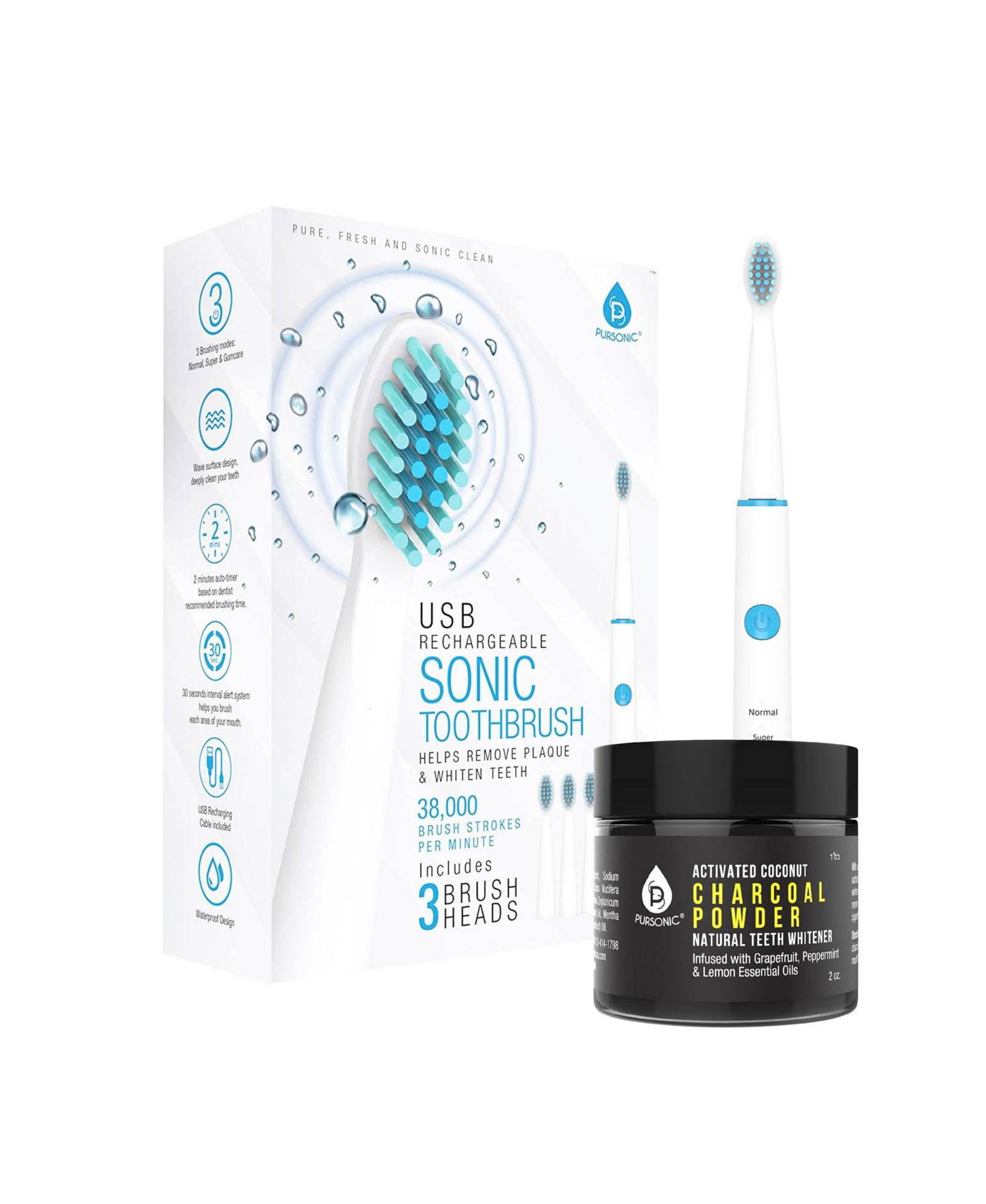 Pursonic USB Rechargeable Electric Toothbrush + Freebie Activated Coconut Charcoal Powder Authentic Teeth Whitener