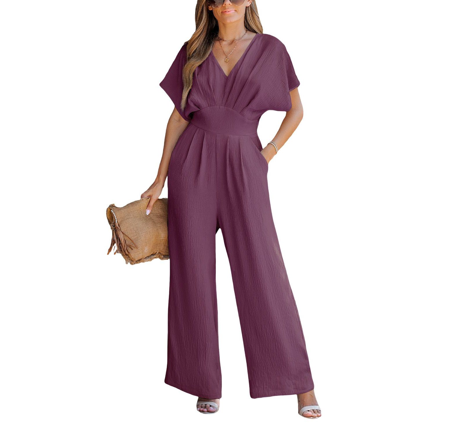 Cupshe Women's V-Neck Short Sleeve Straight Leg Jumpsuit