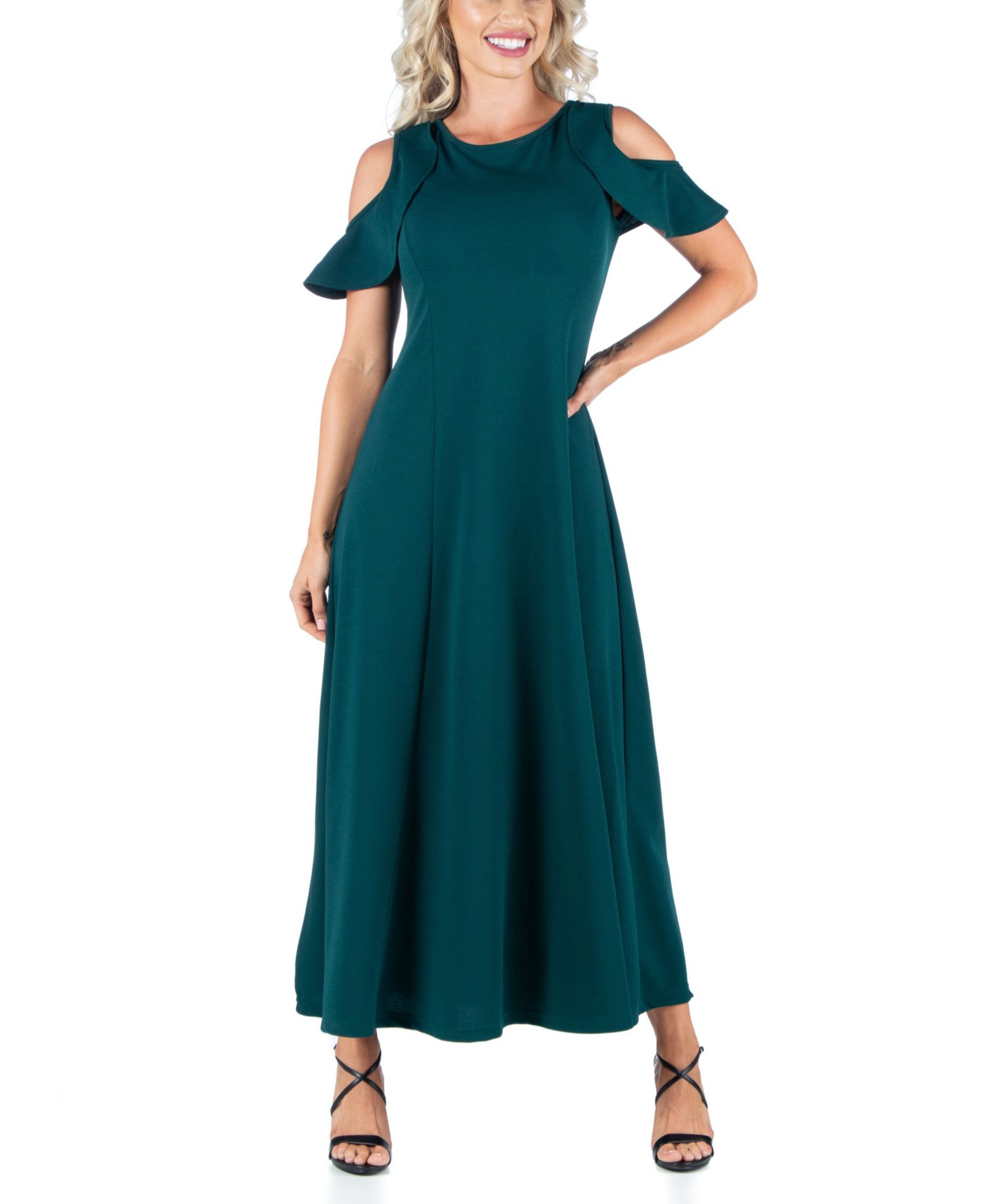 24seven Comfort Apparel Ruffle Cold Shoulder A Line Maxi Dress