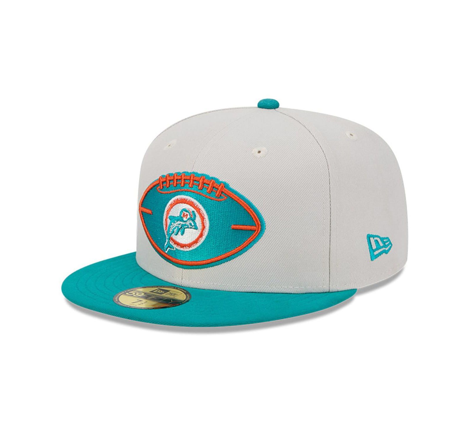 Кепка-тракер New Era Men's Stone/Aqua Miami Dolphins 2024 Sideline Historic 59FIFTY Fitted