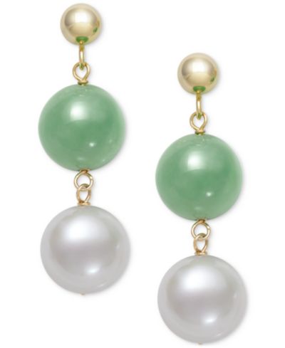 Серьги-подвески Dyed Green Jade & Freshwater Pearl (7-1/2mm) в 10k Gold