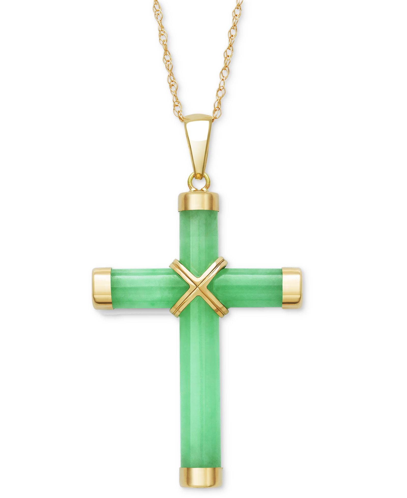 Dyed Green Jade Polished X Accent Cross 18" Pendant Necklace in 10k Gold